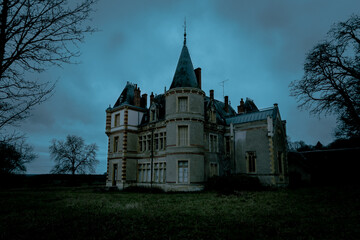 Abandoned Chateau Mansion at Dusk - Moody Gothic Manor in Twilight