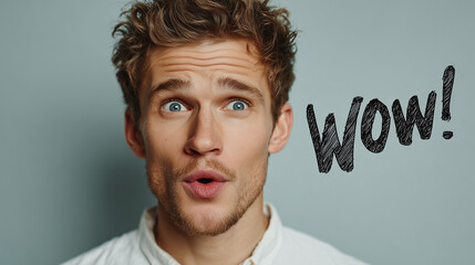 surprised bearded man saying wow on blue background
