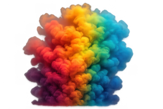 Colorful smoke cloud exploding, creating abstract rainbow color swirl pattern with transparent background