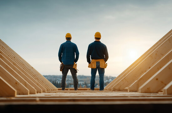 Two confident construction workers wearing protective helmets reaching toward wooden structure indoors