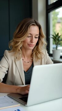 Remote work joy. Happy smiling mature businesswoman entrepreneur working on notebook at home office desk enjoy professional success in accounting paperwork overjoyed with good free.