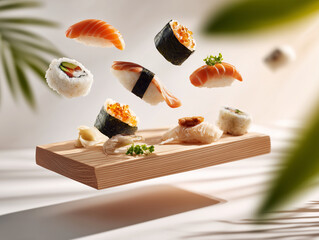 floating sushi assortment in wooden tray with soft light
