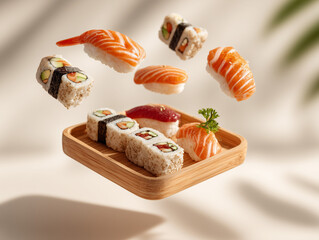 floating sushi assortment in wooden tray with soft light
