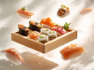 floating sushi assortment in wooden tray with soft light
