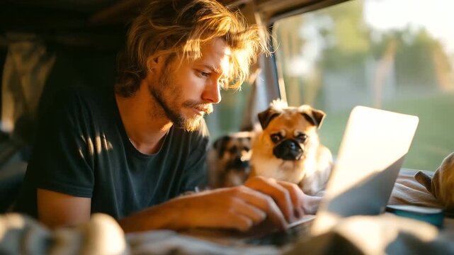 Man works on laptop inside camper van with two pugs, remote work lifestyle, digital nomad enjoying telecommuting with pets on road trip, small dogs watch attentively as man types,