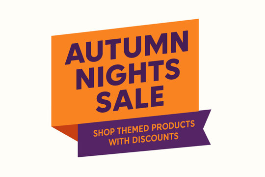 Flat vector banner design text Autumn Nights Sale subtitle Shop themed products with discounts bold geometric font orange and purple palette ribbon folded shape