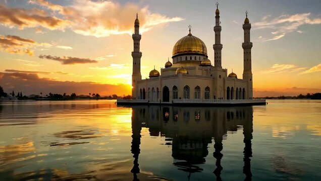 Majestic mosque with golden domes reflecting in tranquil sunset waters