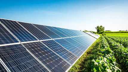 Solar panels harnessing sunlight over green crops on a sunny day in a rural setting