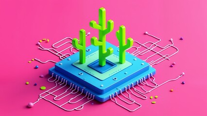 A 3D rendering of a cactus cake on a pink background.