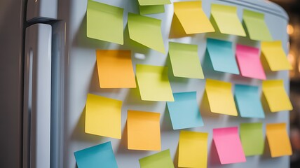 Close-up of a plain white refrigerator filled with blank, multi-colored post-it notes, several of which act as reminders.