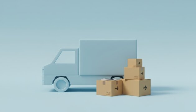 Light blue delivery truck standing on a minimal background with a stack of cardboard packages and a mobile device, representing global shipping and freight transportation services - Powered by Adobe