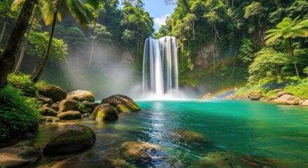 Majestic waterfall cascading into a serene turquoise pool surrounded by lush greenery landscape