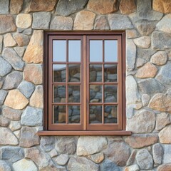 Fototapeta premium Wooden Window on Stone Wall - Architecture, Facade
