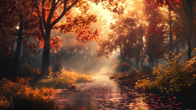 Autumn forest stream with sunbeams and fallen leaves Photo
