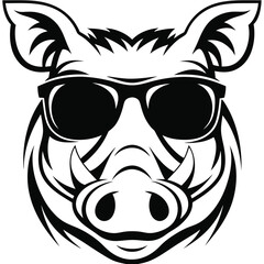 Fototapeta premium Cool black and white boar head features sunglasses and a tribal style mane