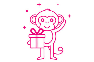 Cheerful pink monkey happily presents a ribbonadorned gift while waving, perfect for celebrations