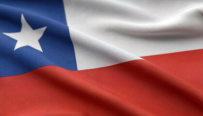 A close-up photograph of the Chilean flag with rich fabric texture and natural folds. The flag displays its distinctive design with a white star on a blue square in the upper left corner, alongside ho