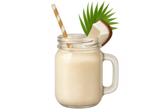 Coconut smoothie in a mason jar with a straw and palm leaf, refreshing tropical summer drink, healthy beverage on transparent background