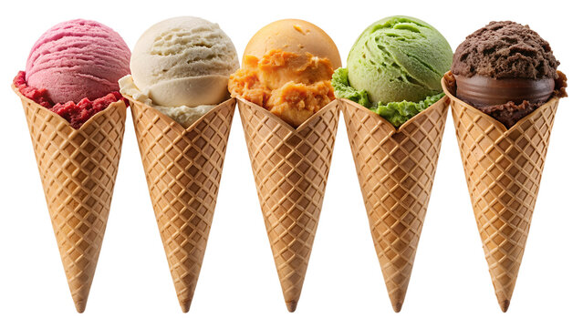 Colorful Ice Cream Cones with Assorted Flavors on Transparent Background