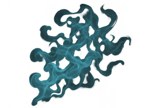 Flowing blue smoke vapor effect creating an abstract art texture, swirling liquid ink on transparent background