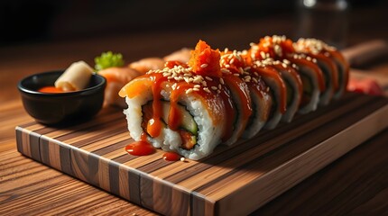 Fresh Japanese salmon sushi rolls, a gourmet seafood meal or appetizer on a white plate.	