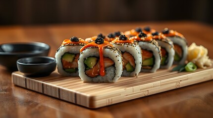 Fresh Japanese salmon sushi rolls, a gourmet seafood meal or appetizer on a white plate.	