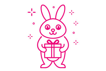 Cute rabbit outline carries a gift box with ribbon, creating a simple, festive design