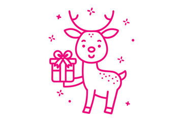 Cheerful pink reindeer icon is presenting a gift box with bow decoration