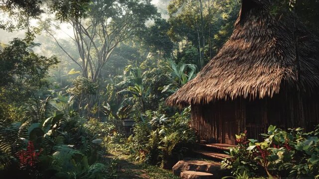 Tropical hut surrounded by lush greenery in a serene forest  