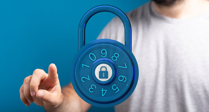 Person interacting with a digital combination lock representing concepts like data protection, privacy, and cyb