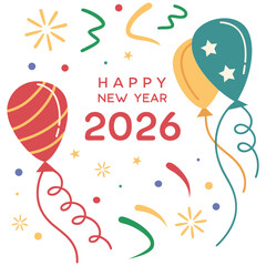 Happy new year 2026 celebration background with festive balloons and confetti