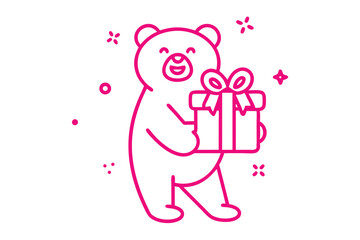 Cheerful pink bear is carrying a present box filled with surprises for someone special