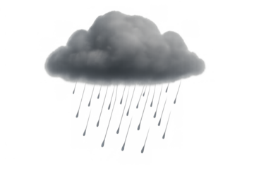 Dark gray cloud raining water droplets illustrating a storm, bad weather, and precipitation with transparent background