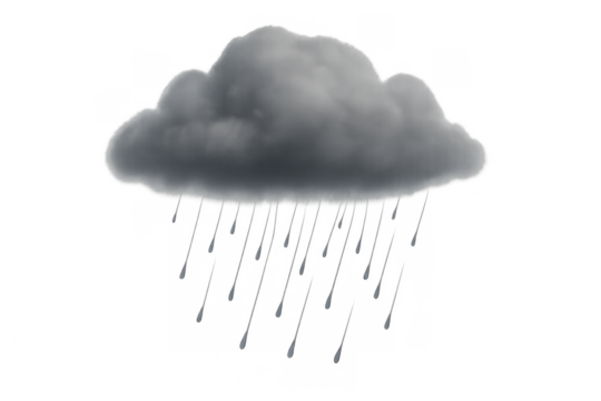 Dark gray cloud raining water droplets illustrating a storm, bad weather, and precipitation with transparent background