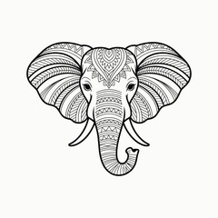 Black and white line art illustration of an elephant head with intricate mandala patterns on its forehead and ears vector illustration.