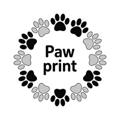 Black and light gray paw prints arranged in a circle with text Paw print in the center animal vector illustration.
