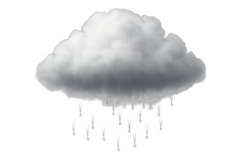 White cloud with falling rain and visible raindrops on a transparent background, depicting precipitation and storm weather