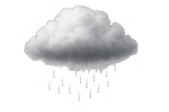 White cloud with falling rain and visible raindrops on a transparent background, depicting precipitation and storm weather - Powered by Adobe