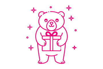 A pink outlined teddy bear smiles while holding a present, surrounded by stars