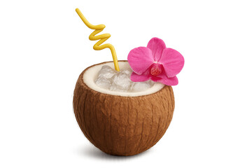 Coconut cocktail with ice, drinking straw, and orchid flower, representing tropical summer refreshment on transparent background