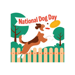 Cartoon brown and white dog jumping to catch yellow frisbee in park with trees and fence vector.