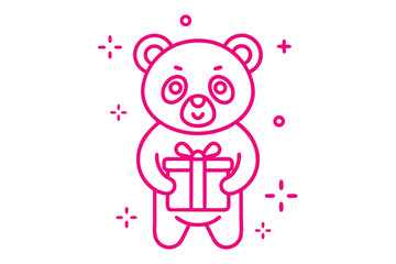 Charming pink teddy bear happily holds a gift box with bow, radiating joy