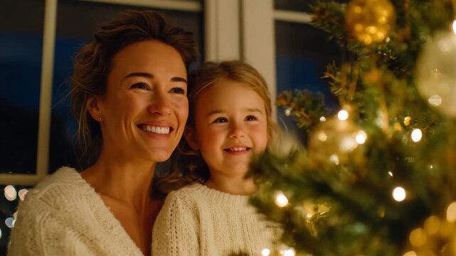 Parent adjusting daughter’s position to reach top of tree, both smiling, Christmas tree adorned with lights and decorations in soft focus, warm indoor glow emphasizing joy
