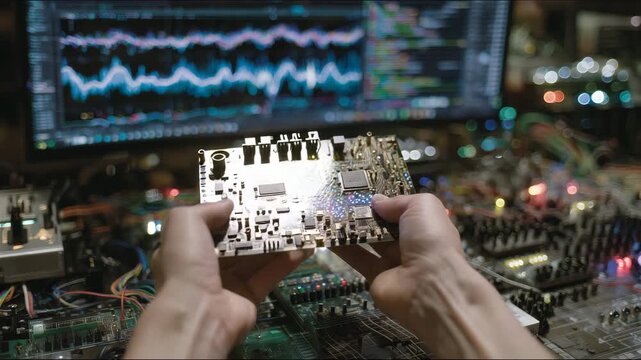 Pair of hands holding a motherboard delicately, colorful wires and oscilloscopes visible on workbench below, reflections from LED indicators adding dynamic highlights, cinematic te