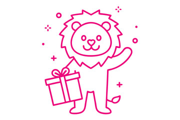 Cartoonish pink lion brings a present while waving on a white background