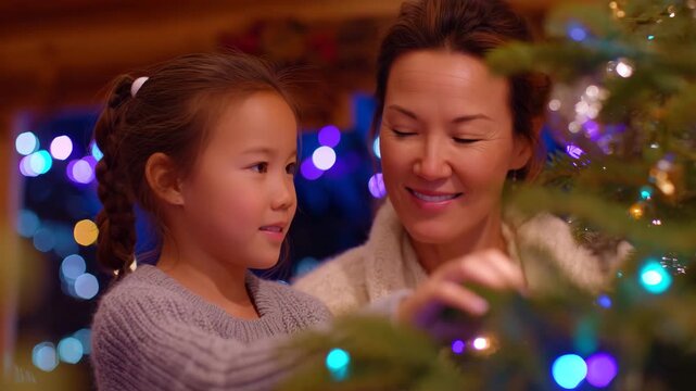 Parent and daughter decorating tree together, strands of tinsel draped around branches, soft bokeh of colorful lights in background, joyful holiday activity captured cinematically