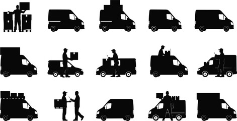 delivery, logistics, courier, shipping, transport, van, package, parcel, worker, scan, track, unload, load, freight