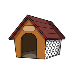 Cartoon dog house with arched doorway and diamond pattern window on white background illustration animal shelter.
