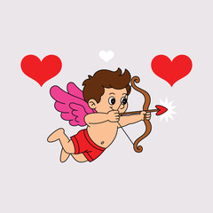 Cartoon cupid flying with bow and arrow aiming at a red heart with pink wings and red shorts on a light purple background.