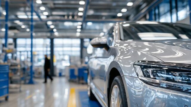 Polished silver vehicle in a high-end repair facility, close-up on front fender and wheel area as it&rsquo;s being serviced, reflections of glass walls and stainless steel equipment, cle